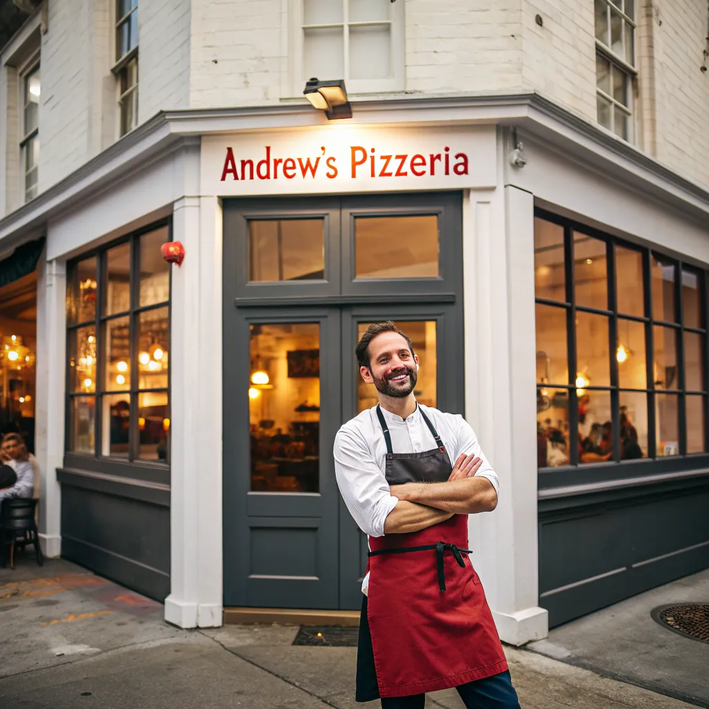 Andrew standing proudly in front of his pizzeria