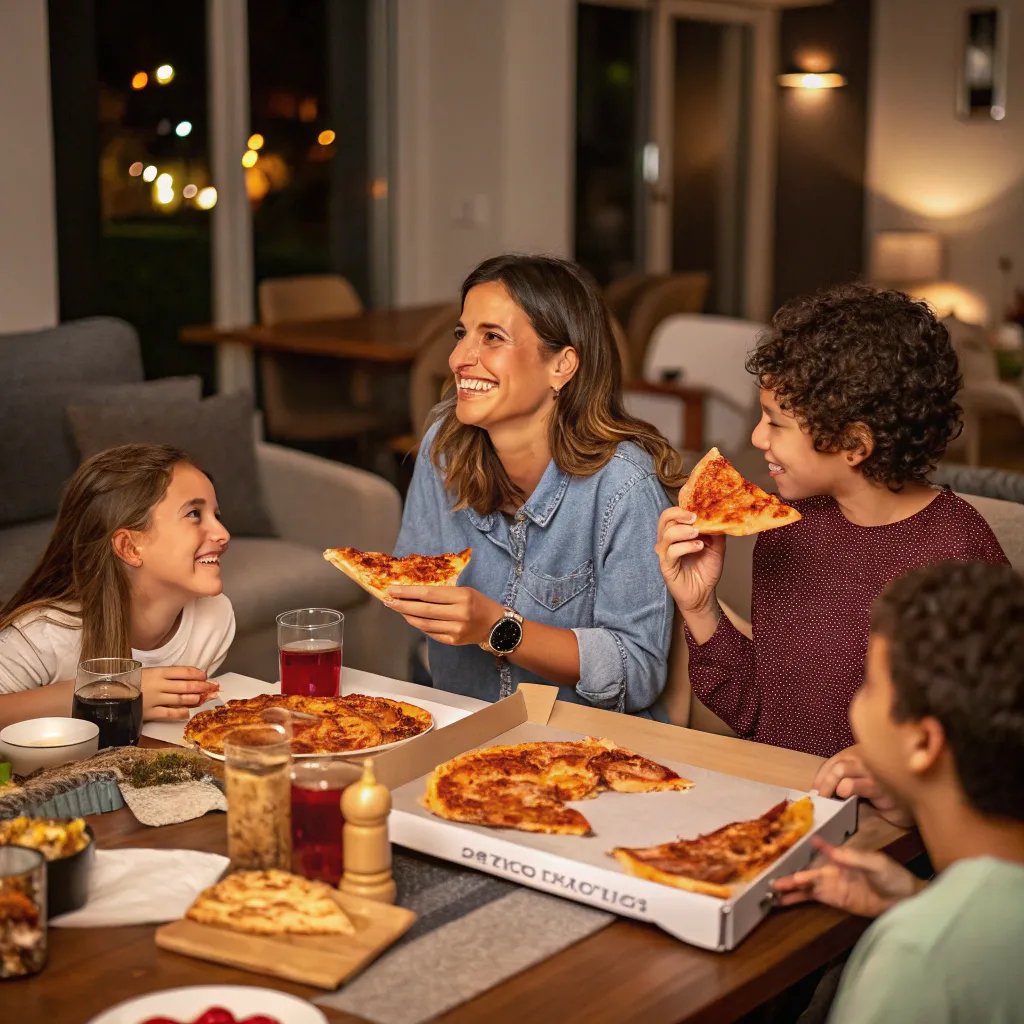 Emily enjoying a pizza night with family